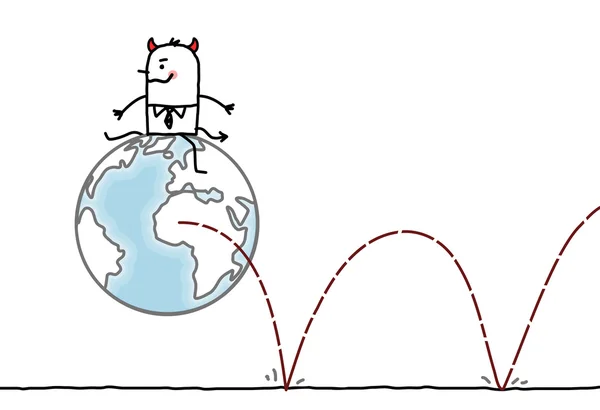 Cartone animato uomo malvagio che gioca e rimbalza con la Terra — Foto Stock