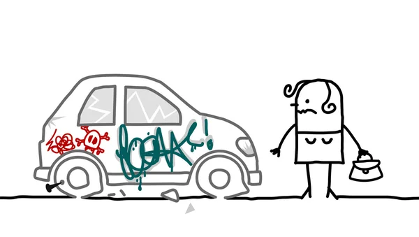 Kobieta kreskówka z samochodu wandalizmu — Zdjęcie stockowe