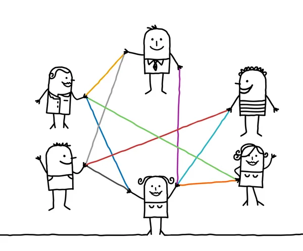 Группа людей, связанных цветовыми линиями — стоковое фото