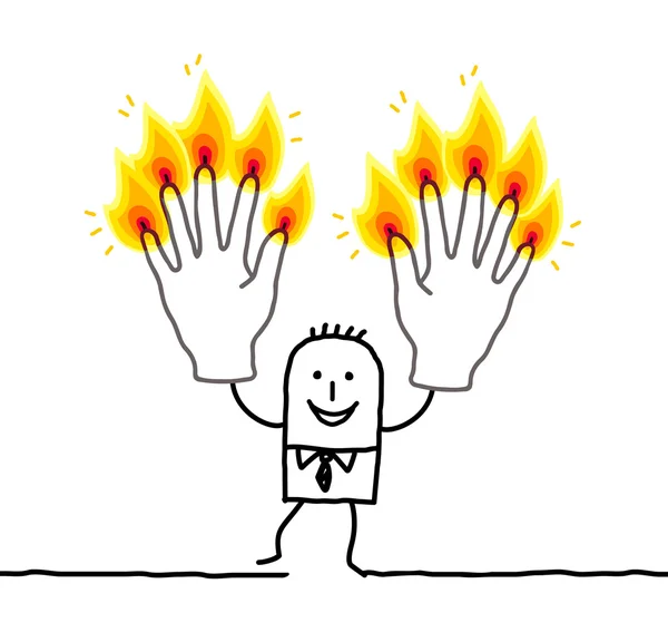 Adam on yanan parmak ile — Stok fotoğraf