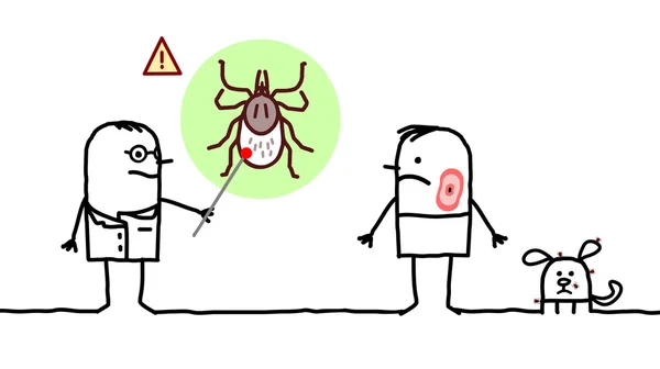 Cartoon man and doctor, ticks and Lyme disease — Stock Photo, Image