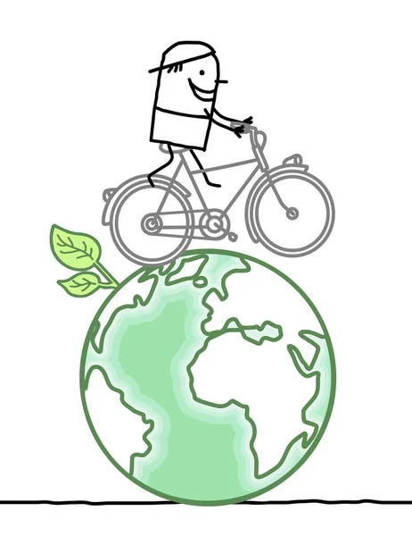 Cartoon man and bike on earth — Stock Photo, Image