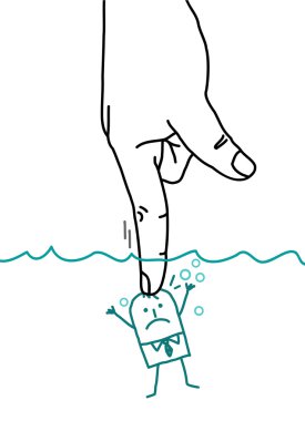 Su altında iterek büyük el ve çizgi film iş adamı-