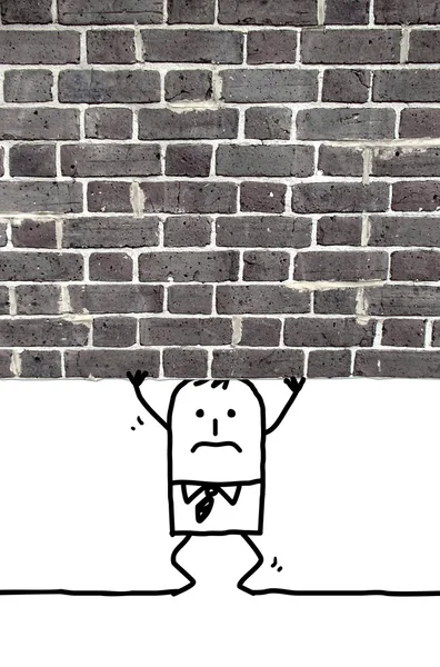 Hombre de dibujos animados aplastado y de pie bajo una pared —  Fotos de Stock
