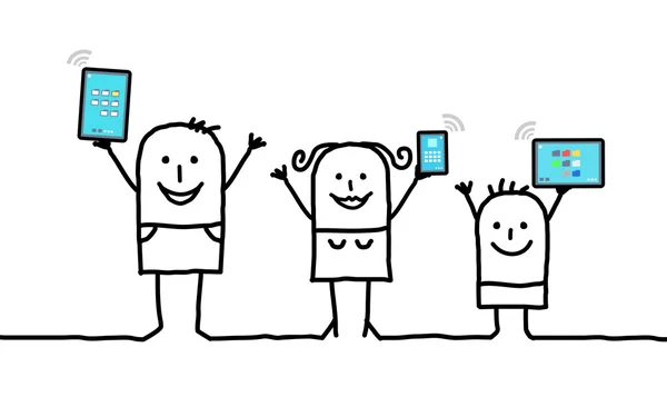 Cartoon-Familie mit vernetzten digitalen Tablets und Telefonen — Stockfoto