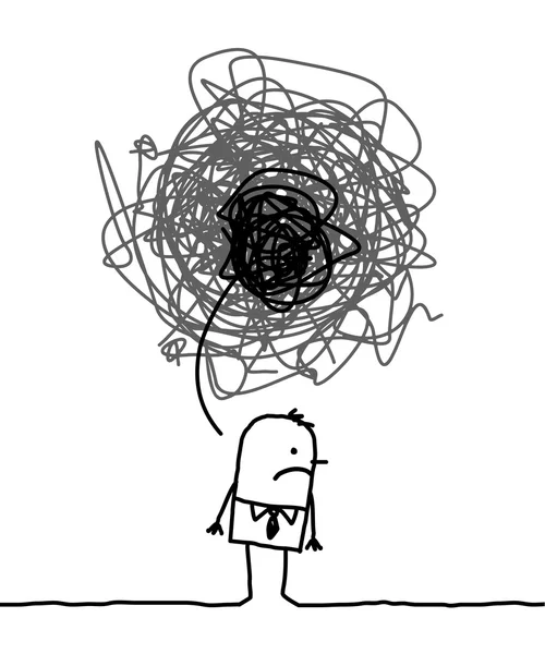 Homem deprimido com doodle sinal preto — Fotografia de Stock
