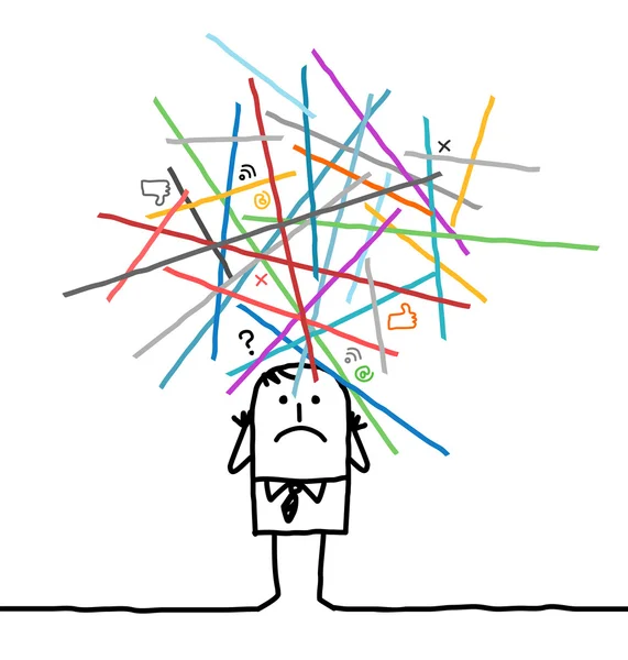 Homem dos desenhos animados perdido em uma rede sobrecarregada — Fotografia de Stock