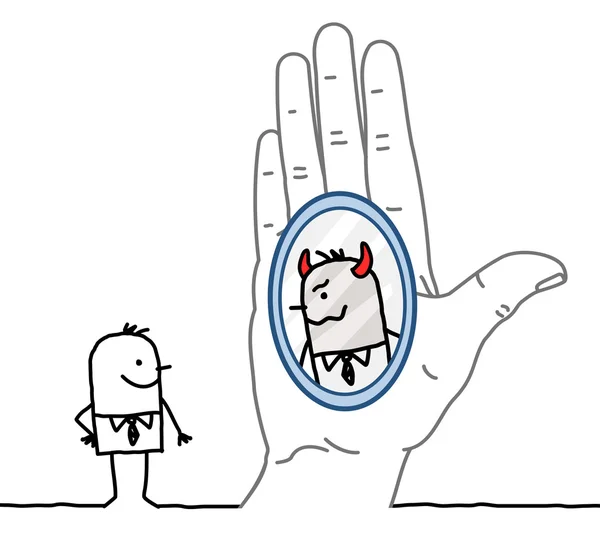 Big Hand und Cartoon-Geschäftsmann - Spiegelung im Spiegel — Stockfoto