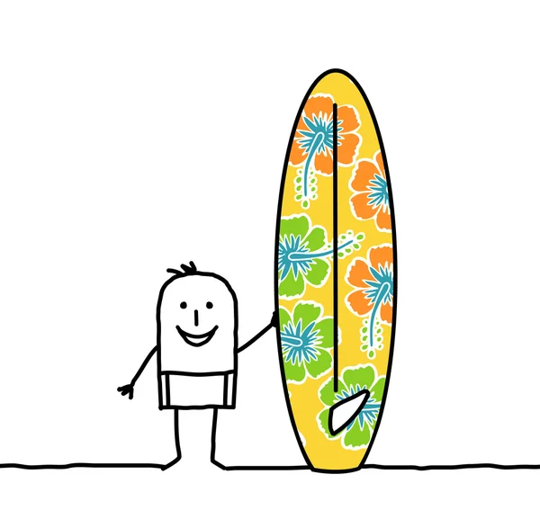 Hombre de dibujos animados con tabla de surf con dibujos — Foto de Stock