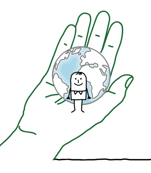 Большая рука и персонаж мультфильма - Земля и человек — стоковое фото