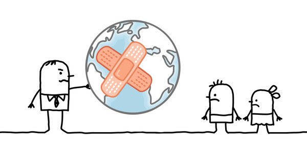 cartoon man giving a sick planet to his children