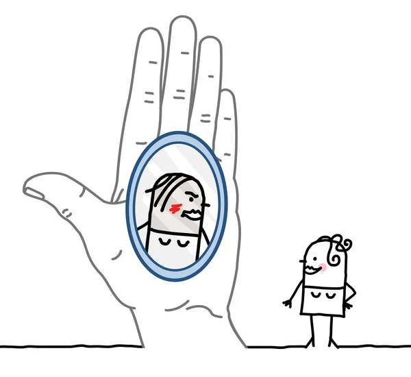 Grande main et personnage de dessin animé - réflexion dans le miroir — Photo