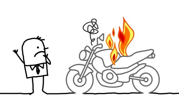 Mann beobachtet brennendes Motorrad — Stockfoto