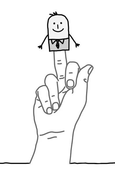 Nagy kéz és rajzfilm üzletember - ujjal tiszteleg — Stock Fotó