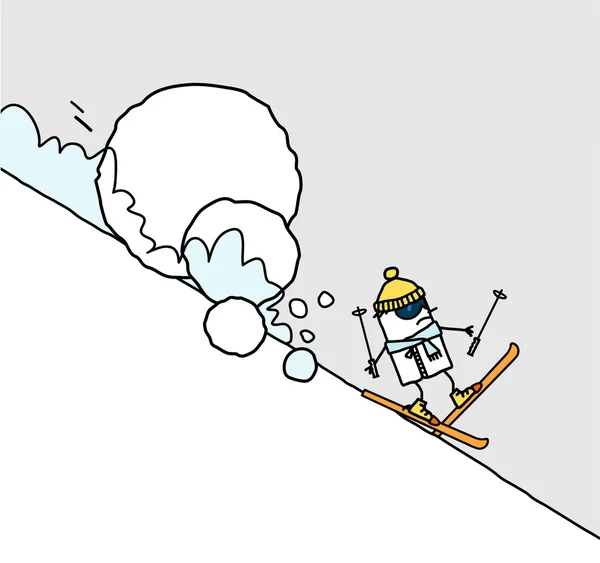 Мультфильм лыжник & лавина — стоковое фото