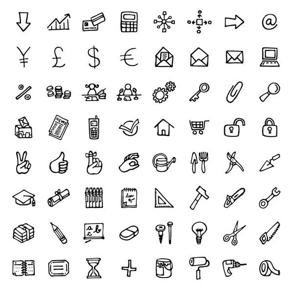 64 iconos dibujados a mano en blanco y negro - OFICINA Y HERRAMIENTAS — Vector de stock