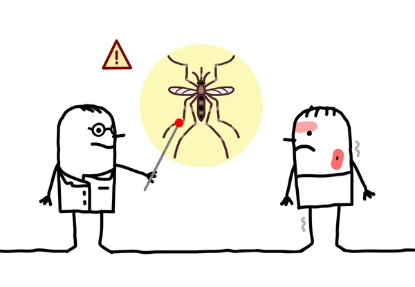 Medico dei cartoni animati con uomo malato, zanzara e Dengue — Foto Stock