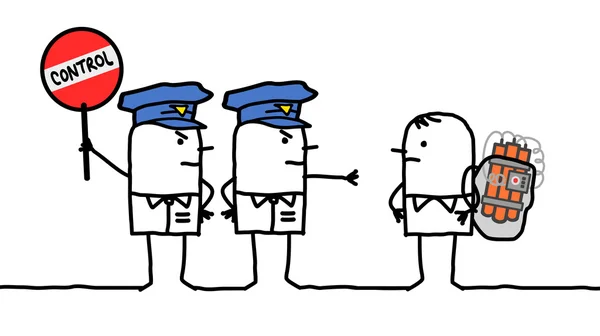 Cartoon znaków - kontrola policyjna - bomba — Zdjęcie stockowe