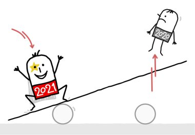 Çizilmiş karikatür 2021 Süper Kahraman tahtanın üzerine atlıyor ve 2020 'lerden kalma bir adama çarpıyor.