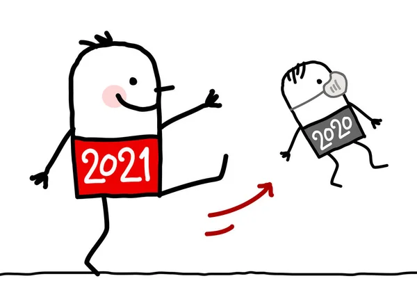 Ручной Рисунок Мультфильм Большой 2021 Человек Пинающий Маской Малый 2020 — стоковый вектор