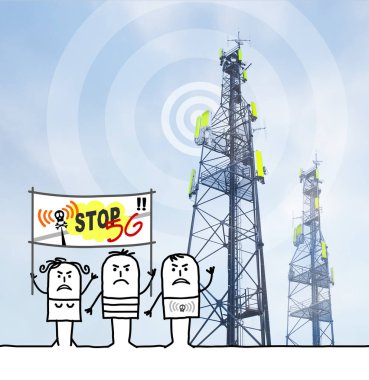 Elle çizilmiş karikatür 5G gelişimine karşı halkı protesto ediyor - kolaj