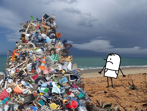 Hand drawn Sad Cartoon man Standing by a Big pile of Garbage, on Beach photo - collage