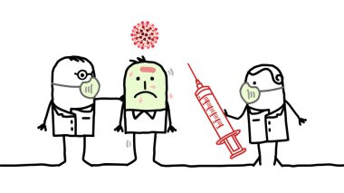 Hand drawn Cartoon Doctors with Syringe and Covid Vaccine, clipart