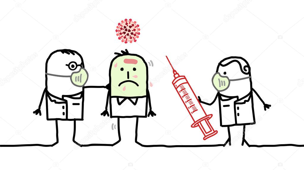 Hand drawn Cartoon Doctors with Syringe and Covid Vaccine,