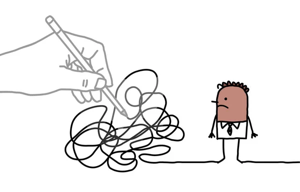 Hand Drawn Big Drawing Hand Cartoon Black Man Tangled Path — Stock Vector