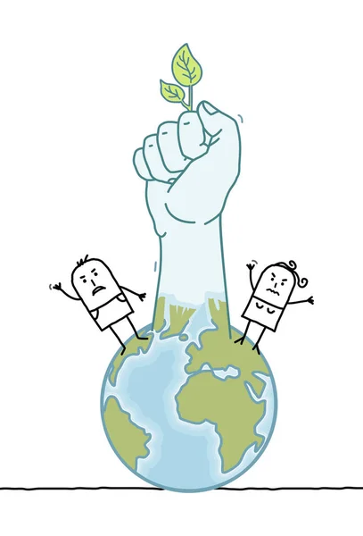 Ręcznie Rysowane Kreskówki Ludzie Planeta Ziemia Wschodzący Zieloną Pięść — Wektor stockowy