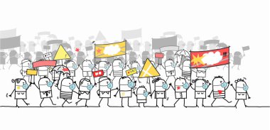 El çizimi, Koruma Maskeli Yürüyen ve Protesto eden bir grup insan.