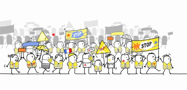 Desenhado Mão Cartoon Protestando Andando Grupo Pessoas Coletes Amarelos — Vetor de Stock