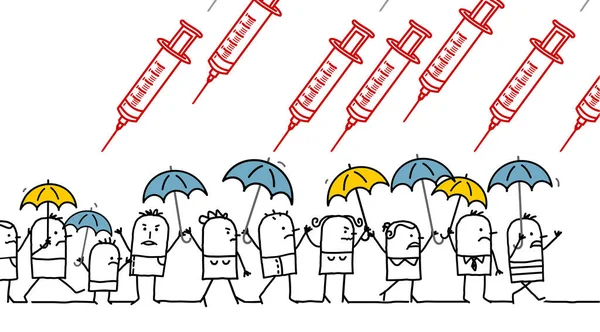 Ręcznie Rysowane Kreskówki Protestujących Ludzi Przeciwko Szczepionce — Wektor stockowy