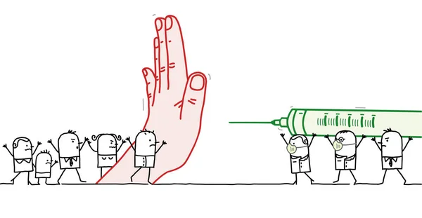 Disegnato Mano Cartone Animato Protesta Persone Smettere Vaccino Team — Vettoriale Stock