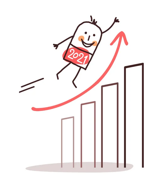 手描き漫画2021楽観的な経済チャートで男を飛んで — ストックベクタ