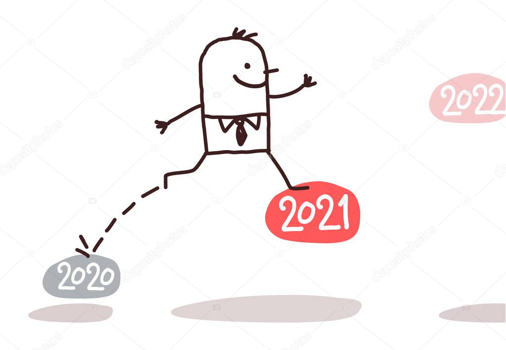 Hand drawn Cartoon Businessman Jumping up to 2020 level