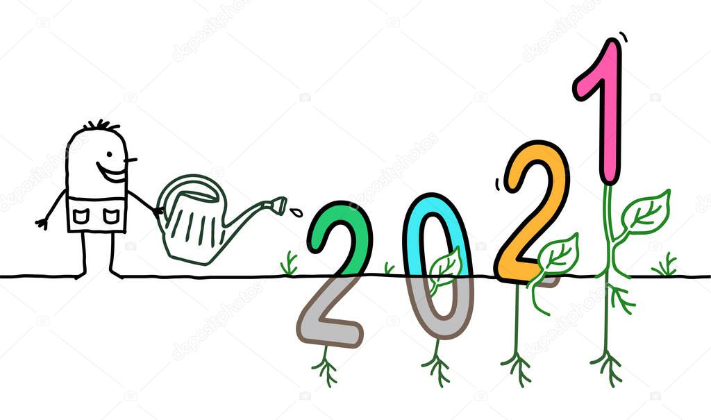 Hand drawn Cartoon Gardener Watering a big colored 2021 sign