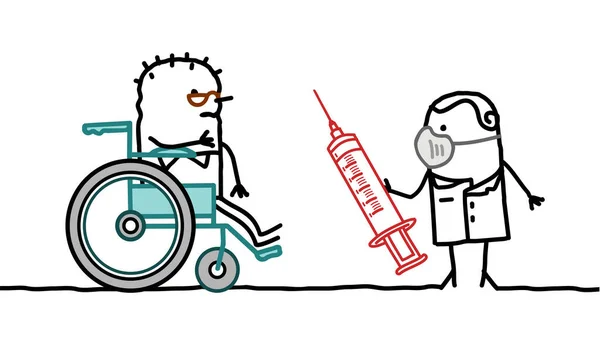 Χειροποίητο Σκίτσο Αμεα Γέρο Αναπηρική Καρέκλα Νοσοκόμα Και Σύριγγα — Διανυσματικό Αρχείο