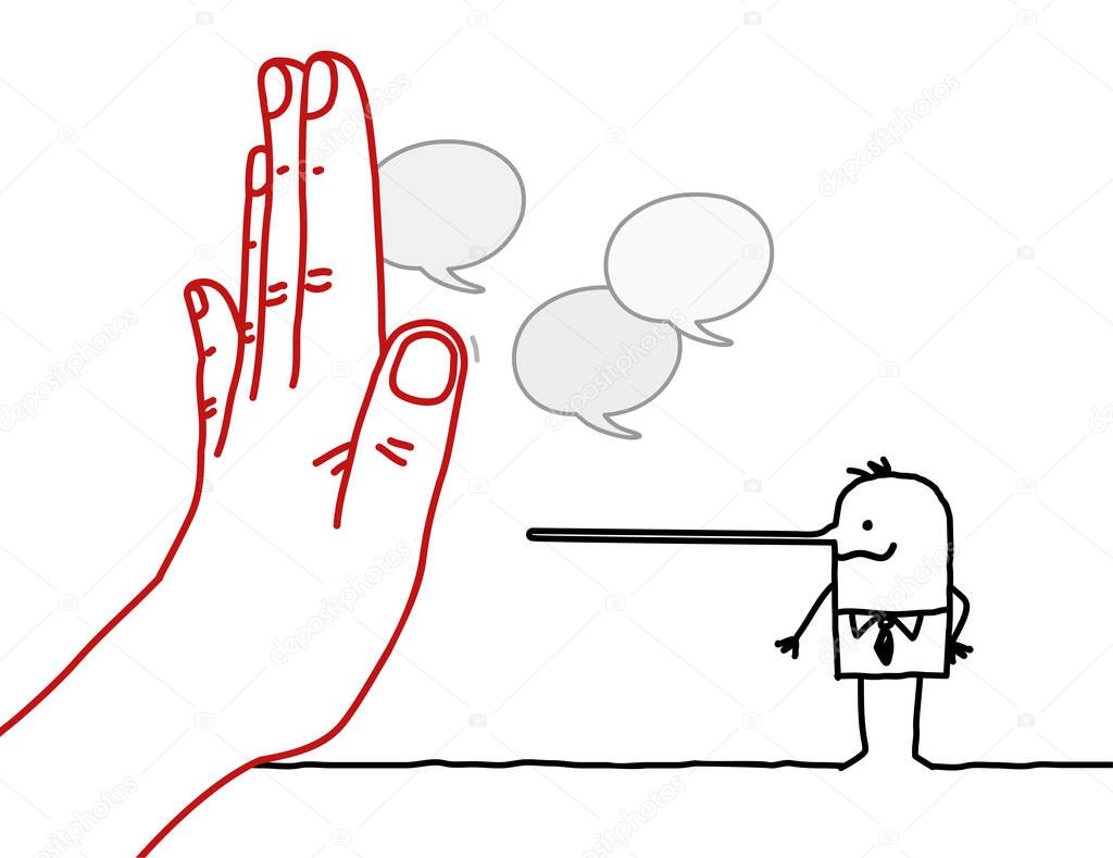 Hand drawn Big Hand with Cartoon Character - Stop Sign Facing a Liar Man with long nose