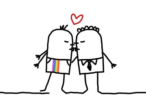 Handgezeichnete Karikatur Homosexuelle Männer Paar Küssen Und Lieben — Stockvektor