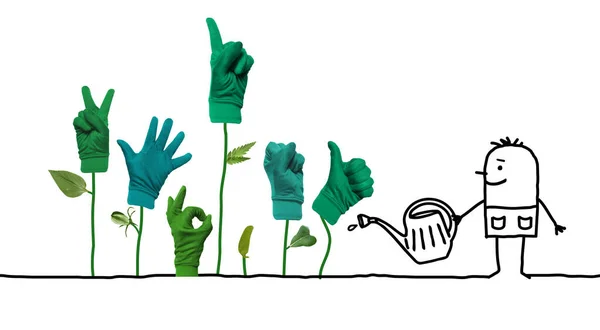Ręcznie Rysowane Ogrodnik Kreskówek Rosnącymi Zielonymi Znakami Ręki Kolaż — Zdjęcie stockowe