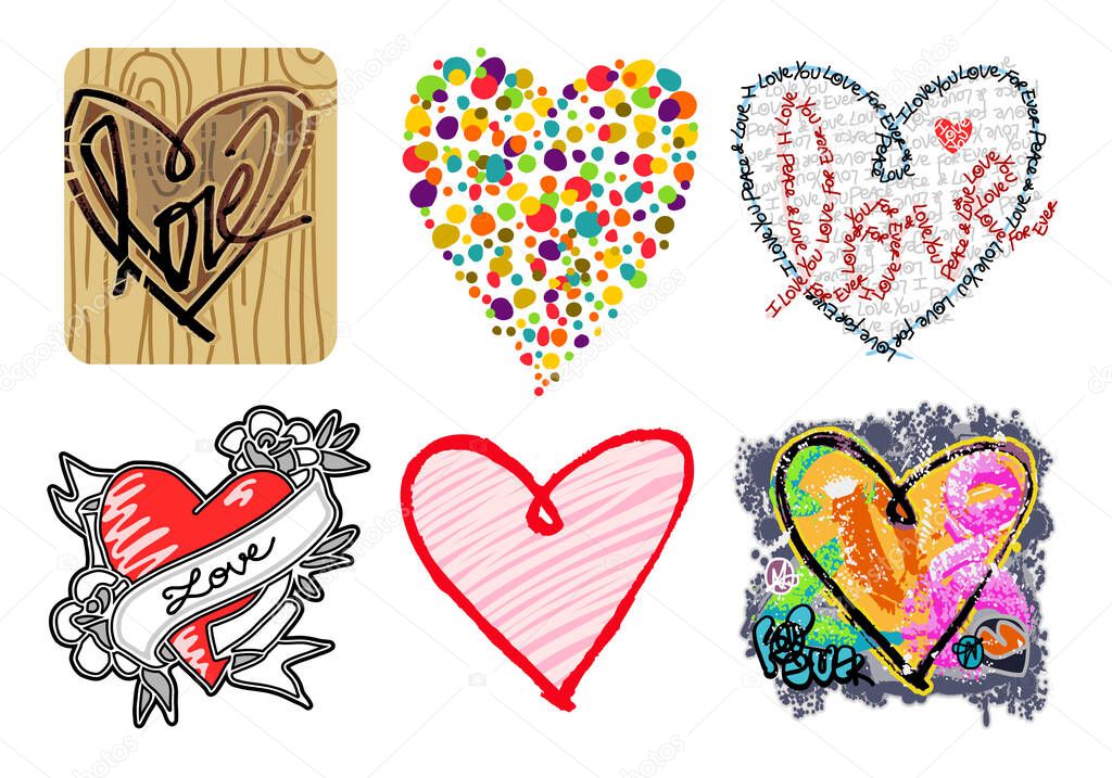 Six Hand drawn different Graphic Style colored Hearts - set 1