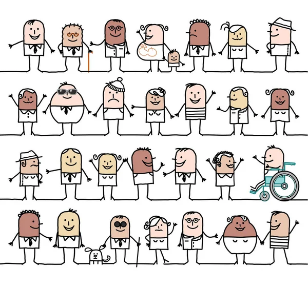 Dibujos Animados Dibujados Mano Grupo Personas Sociales Étnicas Mixtas — Vector de stock