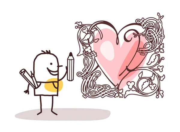 Çizimi Karikatür Tasarımcısı Büyük Bir Süslemeli Kalpler Tabelası Yaratıyor — Stok Vektör