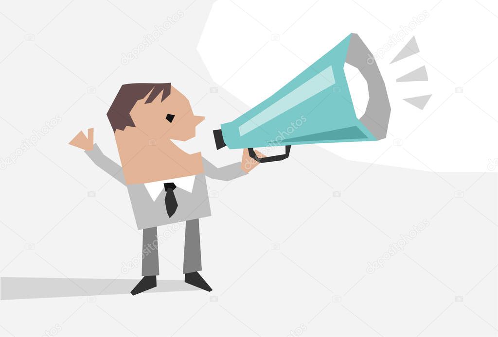 illustrated Cartoon Businessman with megaphone, giving an Information