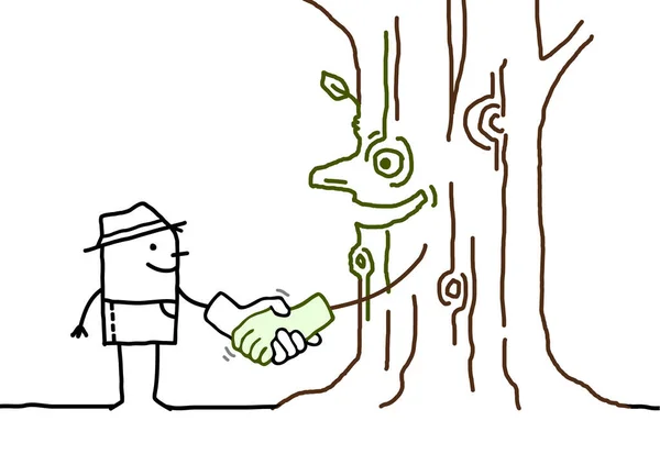 Dibujos Animados Dibujados Mano Jardinero Mano Con Tronco Árbol Sonriente — Vector de stock