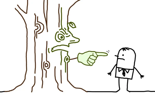 手描き怒っている漫画の木の幹ビジネスマンに指を指す — ストックベクタ