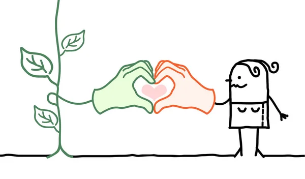 Donna Dei Cartoni Animati Disegnati Mano Pianta Verde Facendo Segno — Vettoriale Stock