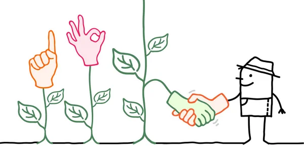 Mão Desenhado Cartoon Jardineiro Agitando Mãos Com Uma Planta Verde — Vetor de Stock