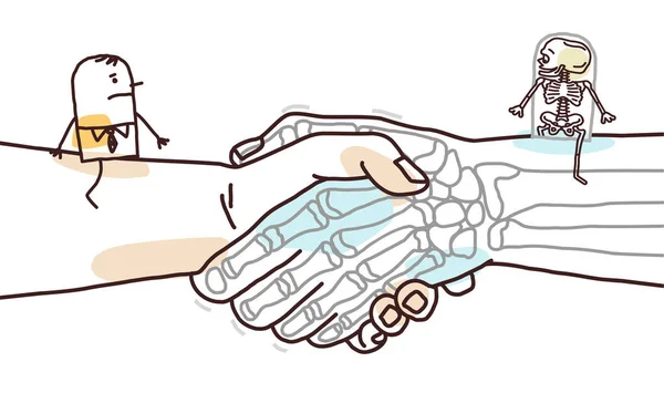 Ζωγραφισμένο Χέρι Cartoon Man Και Skeleton Κάθεται Μια Μεγάλη Χειραψία — Διανυσματικό Αρχείο